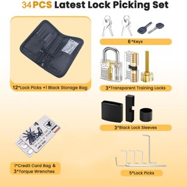[34 Pcs] Lock Pick Set, Premium Practice Lock Picking Tools Kit with 3 Transparent Training Padlocks for Lockpicking, Guide for Beginner, Locksmith and Professional Training