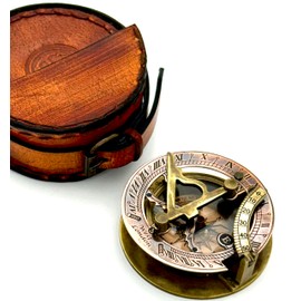 Vintage Sundial with Leather Box - Gift for him - Engraved Compass Birthday Gift - Brass Sundial Compass - Camping & Hiking Gift