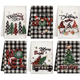 Hosuly 6 Pcs Christmas Kitchen Towels Black White Buffalo Plaid Dish Towels Christmas Vintage Tea Towels Plaid Gnome Truck Xmas Tree Hand Towels Farmhouse Housewarming Gifts for Kitchen Holiday Xmas