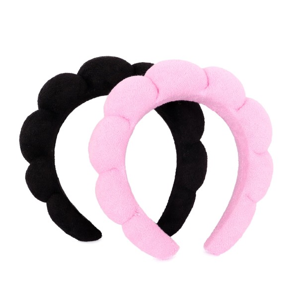 MapofBeauty 2 Pieces Spa Headband Women Fashion Puffy Head Wear Hair Accessories Sponge Soft Hair Band (Black + Pink)