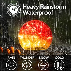 Outdoor Waterproof Solar Gradient Red Globe Lights, Led Solar Round Gazing Balls Ornaments for Lawn Garden Patio Table Art Decoration, Back Yard Landscape Illuminated Cracked Glass Sphere Light Orbs
