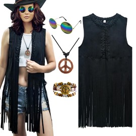 XonyiCos Hippie Costume Women's Vest Set 60s 70s Outfit Women's Disco Fringe Vest, Fancy Dress Costumes for Carnival, Hippie Accessories (Black, L)