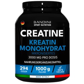 BANDINI Bandini? Creatin Monohydrat Pulver | 1kg/1000 g - 294 Dosen | 3000mg Ultra reines mikronisiertes Kreatin je Dosis | Mikrofein, l?slich, geschmacklos | Mesh Faktor 200 | 100% Vegan