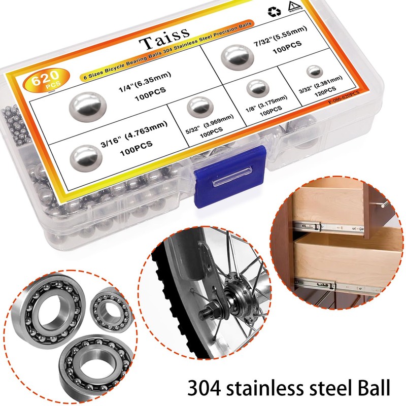 Taiss 620PCS 304 Stainless Steel Precision Balls,Bicycle Bearing Balls Assortment