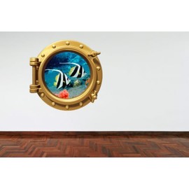 Full Colour Brass Gold Porthole Tropical Fish Ocean Under thr Sea Wall Sticker Children's Bedroom Decoration Bathroom Boys