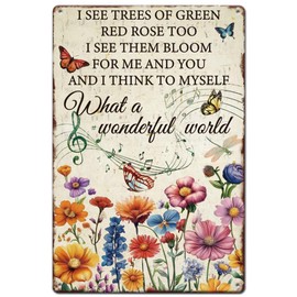 SUPERDANT Music Flower Tin Sign Flower Butterflies Metal Tin Sign Inspiational Quotes Sign What a Wonderful World Metal Sign Vintage Metal Wall Art for Man Cave Garages Bar Sign Home