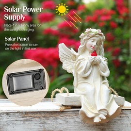 Kssiaz - Estatua de jardín de ángel, decoración solar de hadas con luz cálida, estatua de ángel impermeable con columpio y sujeción de pájaros, decoración de jardín al aire última intervensión para