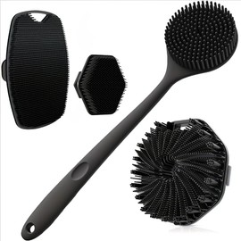 Juego de 4 Cepillos de Baño de Silicona, Incluye Cepillo de Espalda con Mango Largo, Cepillo Facial, Cepillo Ovalado y Cepillo Espiral, Masaje Corporal (Black)
