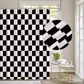 Tititex Aesthetic Checkerboard Grid Pattern Faux Linen Fabric Shower Curtain, White Black Modern Shower Curtain Sets Decoration 71x71 Inch with 12 Hooks