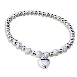 Silver Colour Round Beads With Star Dust Beads Heart Charms Stretchable Bracelet