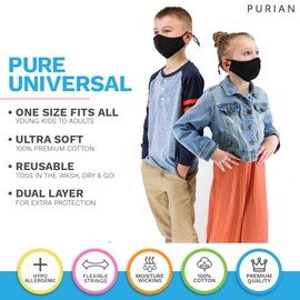 PURIAN Black Cloth Face Mask for Kids, Reusable Face Masks, Adjustable and Washable Kids Fabric Mask, Fits Kids to Teens (2 Masks)