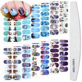 168 Pieces Christmas Full Wrap Nail Art Stickers Snowflakes Snowman Deer Nail Polish Stickers Self-Adhesive Holiday Winter Nail Art Decal Strips with Nail File for Women DIY Nail Decoration