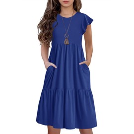 HOSIKA Teen Girls Summer Dress Short Sleeve A-Line Tiered Swing Midi Causal Sundress Size 6-12 Years Royal Blue