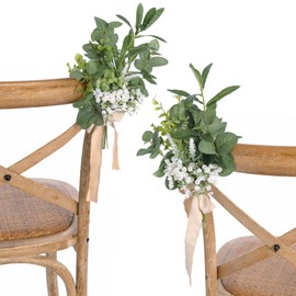 Ling's Moment 8 White Aisle Pew Artificial Flowers Arrangements Babysbreath for Wedding Ceremony Chair Back Floral Decorations with Chiffon Ribbons Sage Green Reception Church Rose Fake Party Outdoor