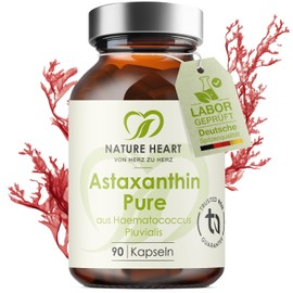 Nature Heart Astaxanthin Pure 90 Capsules - From Haematococcus Pluvialis - With Vitamin E - Vegan - In Coconut Oil - High Purity & No Additives