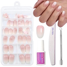 Short Press on Nails Set - 120PCS Ombre Oval False Nails - Nude White Fake nails with Glue - Stick on Nails for Women Girls - 12 Sizes Round Square Glue on nails Long Lasting for DIY Manicure