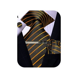 ROBERTO GABBANI Mens Rust Gold Black Tie Pocket Square Cufflinks Clip Set, Silk Woven Necktie with Handkerchief Clip