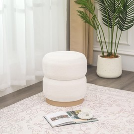 Joveco Round Ottoman Footstool,Padded Seat Non-Slip Design Vanity Chair,Coffee Table Tufted Modern Rest Stool with Wood Base for Living Room, Bedroom,Round Versatile Side End Table(White)