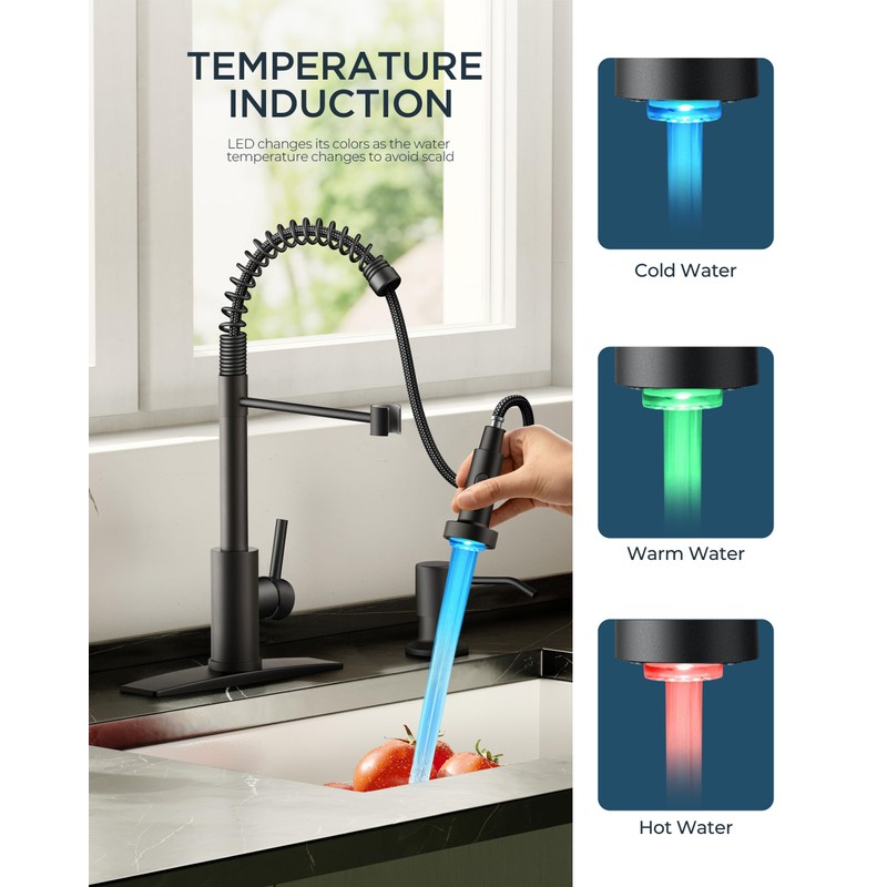 FORIOUS LED Kitchen Faucet with Pull Down Sprayer Black, Modern