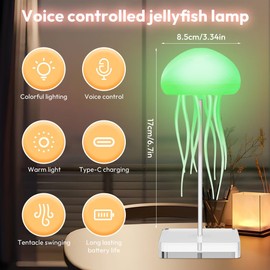 Piashow Quallen Lampe, Quallenlampe, Jellyfish Lamp mit Tonsensor, Aufladbar LED Quallenlampe Stimmungslicht RGB Nachttischlampe für Haus Zimmer Dekor (mit Sockel)