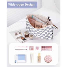 Narwey Small Checkered Makeup Bag for Purse Small Cosmetic Bag Women Travel Makeup Pouch Zipper Pouch (Grayish Blue Checkerboard)