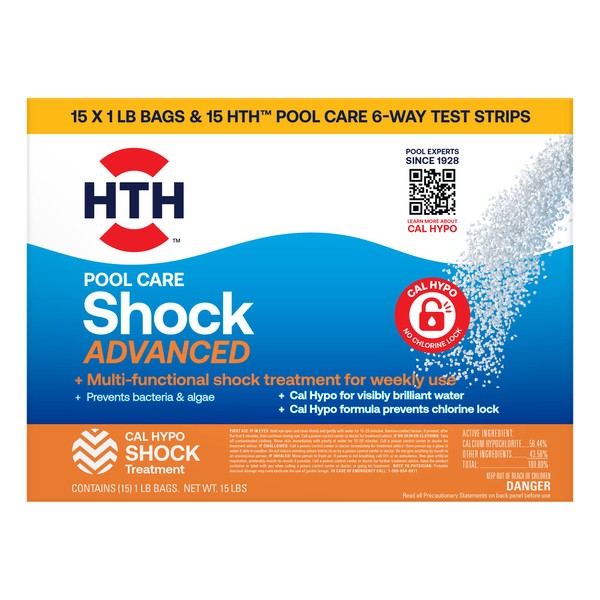 HTH 52044 Swimming Pool Shock Advanced and Test Strips, 1lb (Pack of 15)
