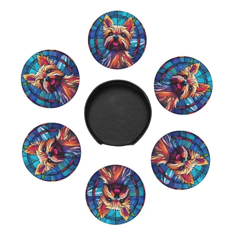 Yorkie Stained Dog Breed Glass Art Leather Drinks Coasters with