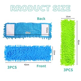 HTTYHT Pack of 6 Hand Washable Chenille Flat Mop Replacement Cloths 42 x 12 cm Microfibre Mop Cover in Blue/Green for All Standard Folding Holders - Flat Mop Cover for All Floor Types