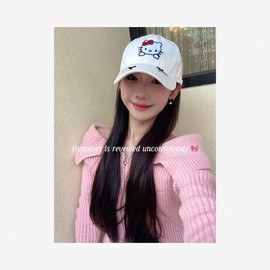 Kitty Ball Cap Kitty Cat Baseball Cap for Women, Korean Style Trendy Hardtop Cotton Simple All-Match Casual Cap (52-60cm) / Kitty Ribbon Snapback Hat - Bleached White 3ea