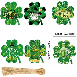 Ercadio 60 Pack Happy St Patrick's Day Gift Wrap Tags Four Leaf Shape Label Tags St Patrick's Paper Tags with String for Irish Saint Paddy's Day Party Favor, Present Wrap Gift Package Decors