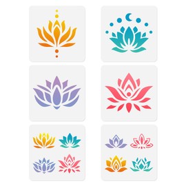 DOODLREAM 6pcs 15 x 15cm Lotus Flower Wall Stencil Templates Reusable Plastic Yoga Stencil for Painting on Wood Floor Tile Fabric Glass Furniture DIY Home Decor