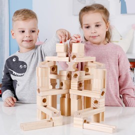 Migargle Wooden Marble Run for Kids Ages 4-8 C 80 Pieces Marble Rush Track Maze Construction Toy, STEM Building Blocks, Educational Gift for Boys & Girls