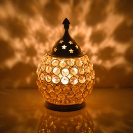 Collectible India Akhand Diya Decorative Brass Crystal Oil Lamp Tea Light Holder Lantern Oval Shape