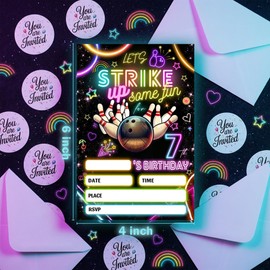 DTLGTG Bowling Birthday Invitations for Boys, 20 Pcs 4x6 Inch Bowling Party Invitation Cards with Envelopes & Seal Stickers, 7th Neon Birthday Party Invitations