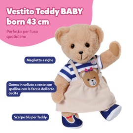 BABY born Teddy Abito a righe con applicazione di orsetto e scarpe abbinate - Per bambole di 43 cm - Da 3 anni