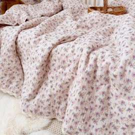 BuLuTu 2 Layers Muslin Cotton Blanket Quilt for Twin Bed, Elegant Chic Purple Flower Pattern Girls Boys Blankets Soft Breathable Summer Comforter for Kids Children, 60x80 Inches