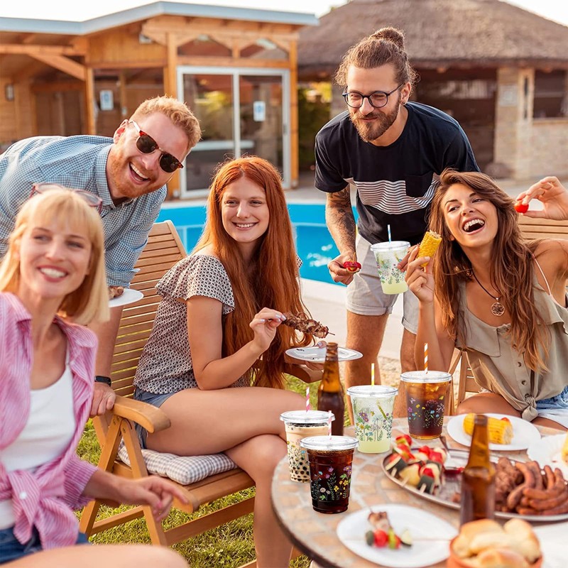 ZCPTZ 100 Sets Wildflower Plastic Cups with Straws & Lids