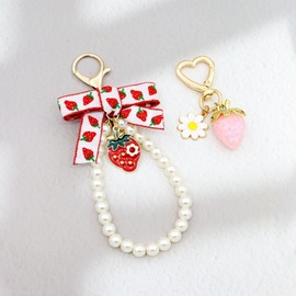 TTYY 2Pcs Keychains Set Cute Keychain Bag Charms for Purse, Backpack, Luggage, Pearl Key Wristlet Gift for Women Girls (Strawberry-Pink)