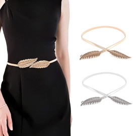 Pack of 2 Stretch Belts Women's Waist Belt Waist Belt Leaves Elastic Belt for Most Occasions such as Weddings, Family Reunions or Christmas Parties etc. (Golden Silver), Golden, Silver
