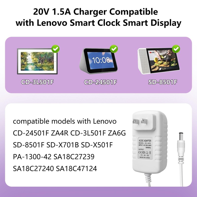 XZGm 20V 1.5A Charger for Lenovo Smart Clock Display Not