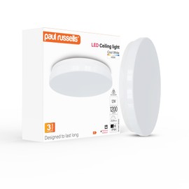 paul russells 12W LED Ceiling Light, 1200lm, Natural Cool White 4000K, 60Watt Equivalent, IP44 Water Resist, Ideal for Living Room, Kitchen, Office, Garage, Modern Round Light, Energy Saving, 1 Pack
