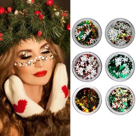 Christmas 3D Snowflake Christmas Tree Glitter Sequins Mixed 3 Color Makeup Face Stickers Winter Fairy Sequins Face Jewels Gem 6 Boxes Holographic Nail Art Sequins for Nail Art Decals Carnival Party
