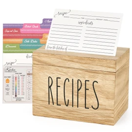 Dahey Wooden Recipe Box Brown Recipe Organizer with 100 Recipe Cards and 6 Dividers, Recipe Card Holder Box Set with Lid and Slots to Write in Your Own Recipes for Cooking Lover Kitchen