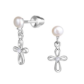 Cherished Moments Children's Sterling Silver Cultured Pearl Cross Earrings with Screw Backs for Baptism, Christening, and First Communion Gift for Babies, Kids, Toddlers, and Little Girls