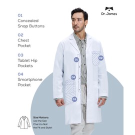 Dr. James 100% Cotton Premium Unisex Lab Coat for Men & Women, Phone & Tablet Pockets, Classic Fit, Snap Closing, 39" Length