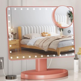 FUNTOUCH Large Lighted Makeup Mirror with Lights, Light Up Mirror with Small 10x Magnification for Desk, 360°Rotation Touch Screen,Brightness Adjustable Tabletop Cosmetic Vanity Make Up Mirror