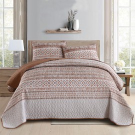 Menghomeus Boho Quilt Set King Size Terracotta Aztec Stripe Printed Quilt with 2 Pillowshams Burnt Orange Bohemian Patchwork Bedding Set Soft Microfiber Bedspread Coverlet for All Season