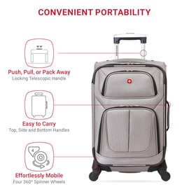 SwissGear Sion Softside Expandable Luggage – Carry-On Suitcase with 360 Degree Wheels & Retractable Handle – 21 Inch, Perfect for 1-3 Night Trips – Pewter
