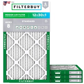Filterbuy 12x30x1 Air Filter MERV 8 Dust Defense (4-Pack), Pleated HVAC AC Furnace Air Filters Replacement (Actual Size: 11.88 x 29.88 x 0.75 Inches)