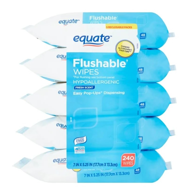 Generic Fresh Scent Flushable Wipes, 5 Packs of 48 Wipes